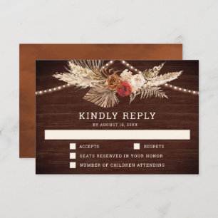 Cartão RSVP Casamento Rustic Terracotta e Maroon Floral Pampas