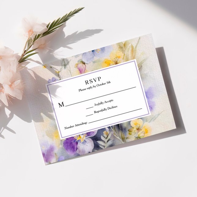 Cartão RSVP Casamento Rustic Watercolor Purple & Yellow (Criador carregado)