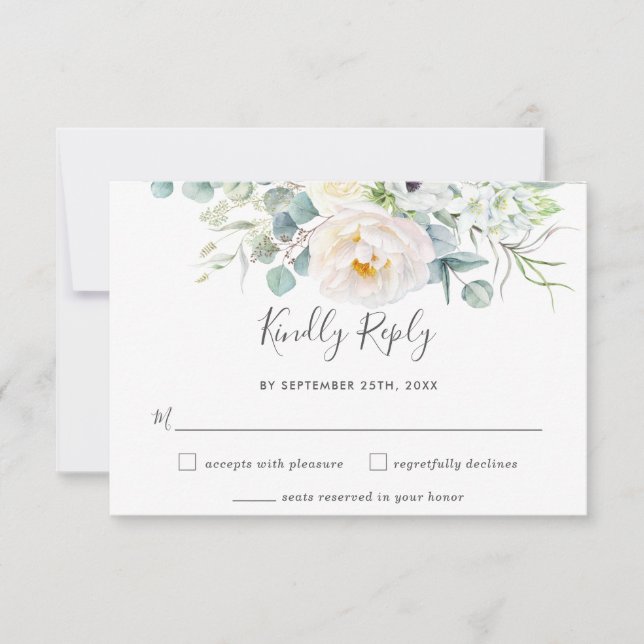 Cartão RSVP Casamento Rustic White Ivory Peony Floral Greenery (Frente)
