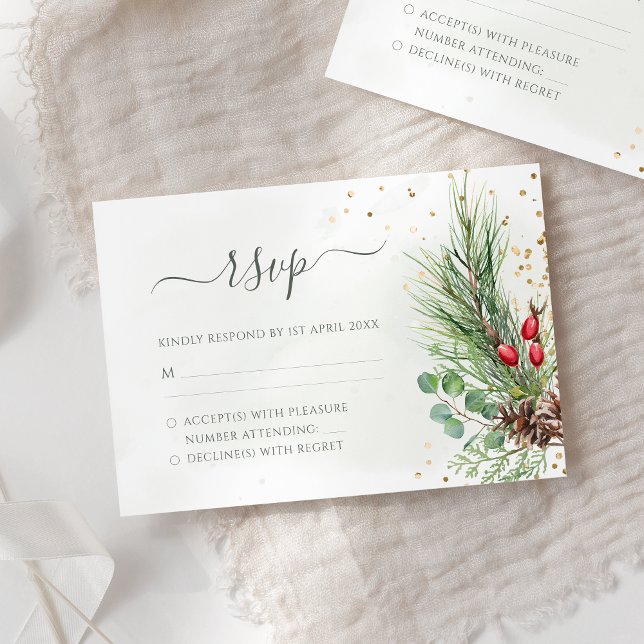 Cartão RSVP Casamento Rustic Winter Berries Pine Cone Greenery (Criador carregado)