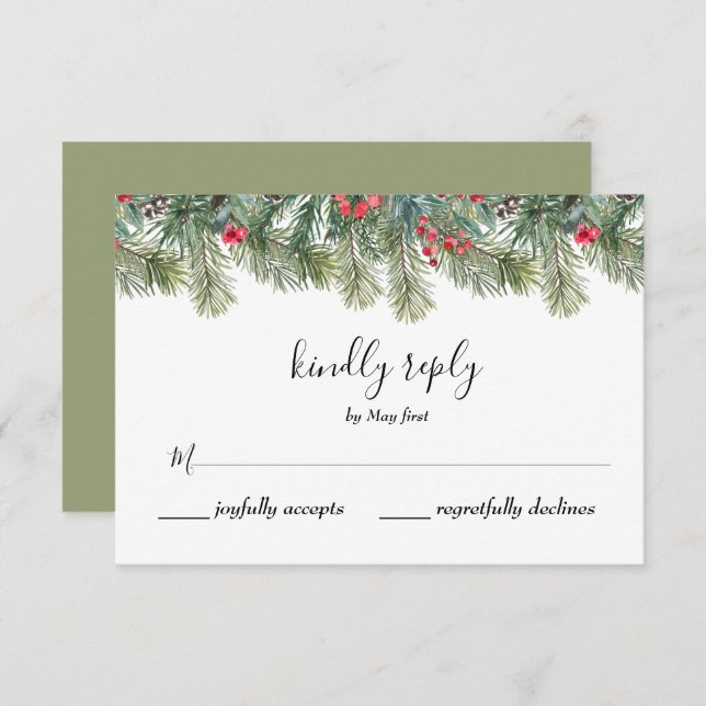 Cartão RSVP Casamento Rustic Winter Berry Pine Greenery (Frente/Verso)
