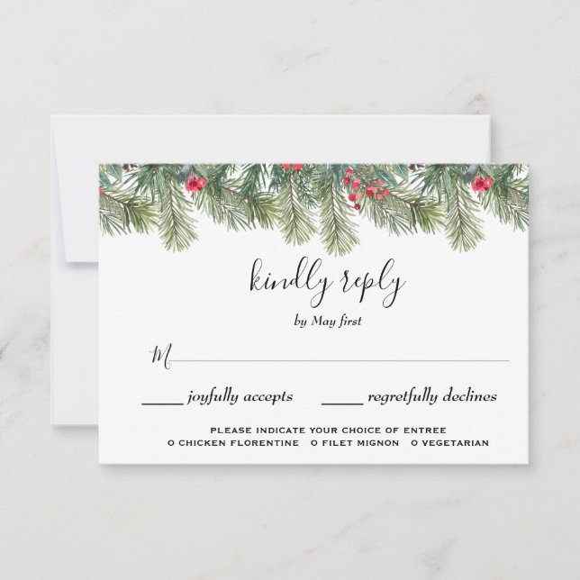 Cartão RSVP Casamento Rustic Winter Berry Pine Greenery (Frente)