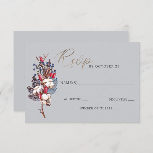 Cartão RSVP Casamento Rustic Winter Cotton Blue Red Berries (Frente/Verso)