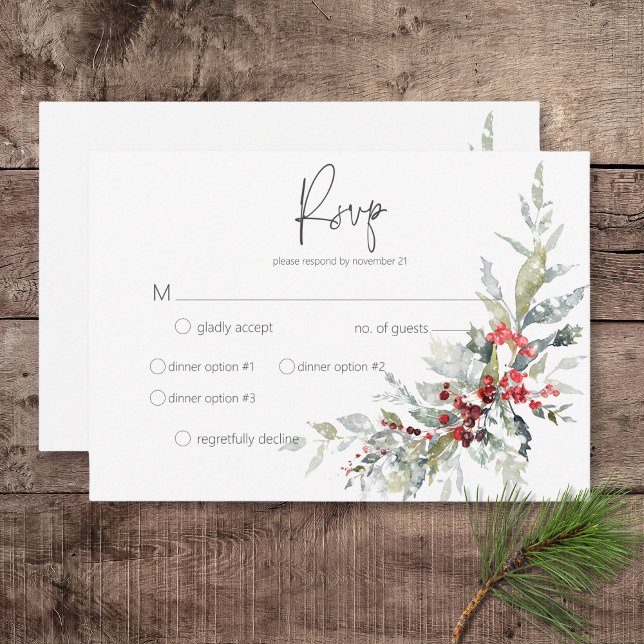 Cartão RSVP Casamento Rustic Winter Holly Berries & Snow (Rustic Winter Holly Berries & Snow Wedding Response Card with Dinner Options)