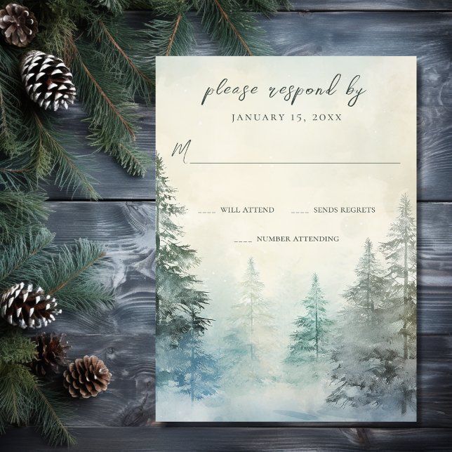 Cartão RSVP Casamento Rustic Winter Pine Woodland (Front - Rustic Winter Pine Forest Woodland Wedding RSVP Card)
