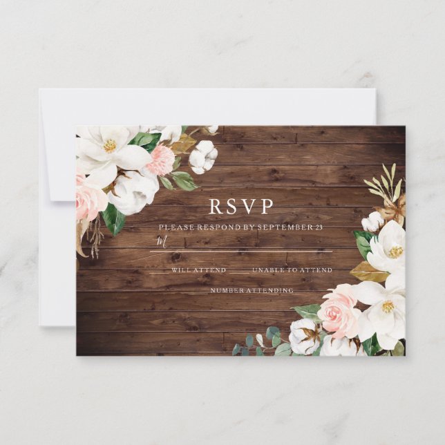 Cartão RSVP Casamento Rustic Wood Blush & White Flowers (Frente)