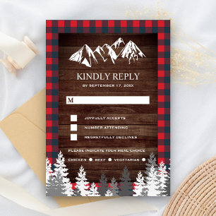 Cartão RSVP Casamento Rustic Wood Red Buffalo Xadrez Mountain