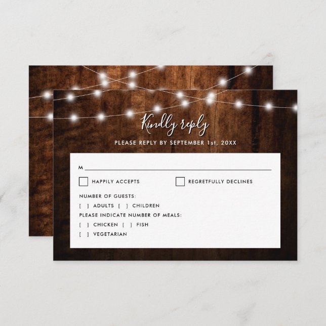 Cartão RSVP Casamento Rustic Wood & String Lights (Frente/Verso)