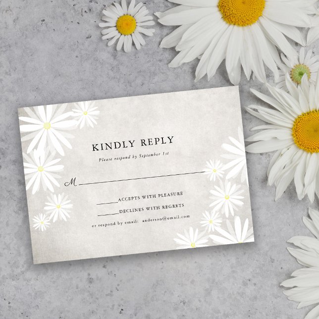 Cartão RSVP Casamento Rústico Boho Simples Margaridas Brancas (Criador carregado)
