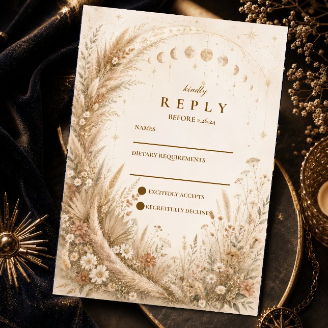Cartão RSVP Casamento Rústico Celestial Caprichoso (Criador carregado)