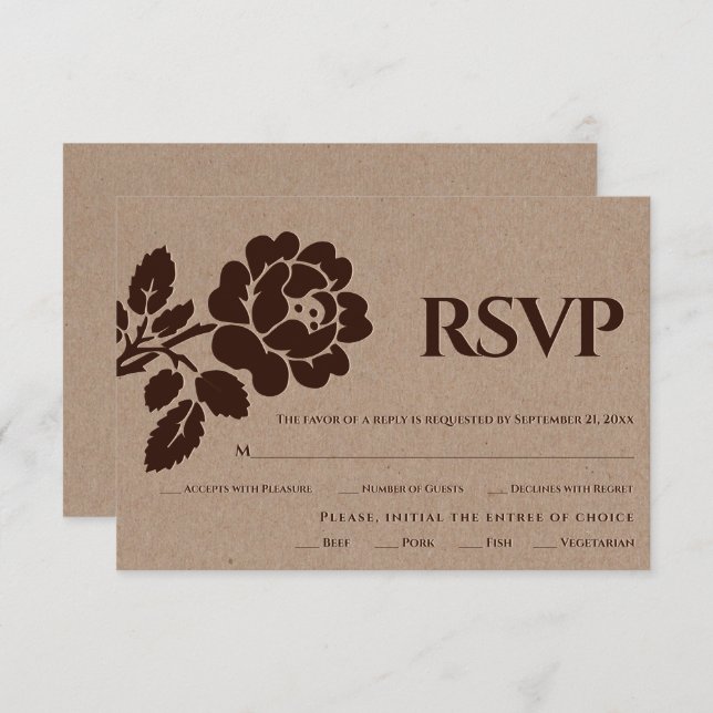 Cartão RSVP Casamento rústico com papel kraft rosa emboscado (Frente/Verso)