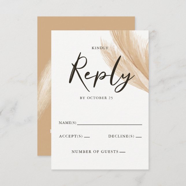 Cartão RSVP Casamento Rústico da Terra Neutra do Boho Pampas G (Frente/Verso)