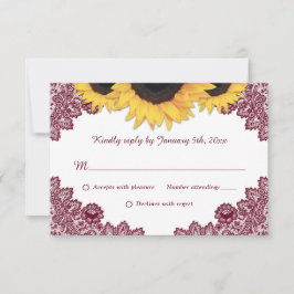 Cartão RSVP Casamento Rústico de Burgundy Chic Lace Sunflower