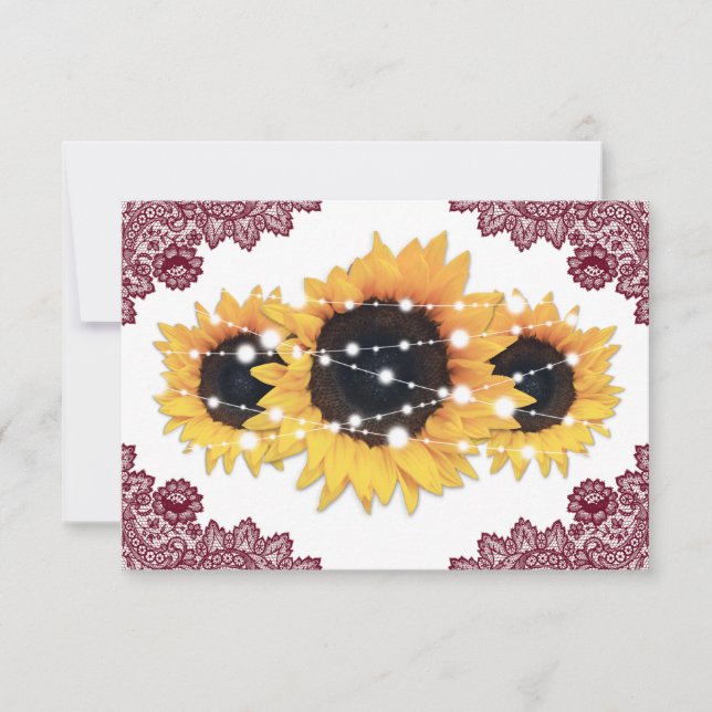 Cartão RSVP Casamento Rústico de Burgundy Chic Lace Sunflower (Frente)