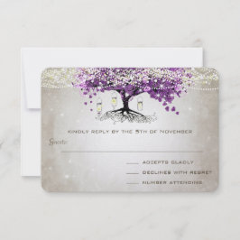Cartão RSVP Casamento Rústico de Folha de Coração Roxo Luxe