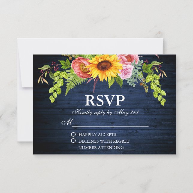 Cartão RSVP Casamento Rústico De Madeira Azul De Girassol (Frente)