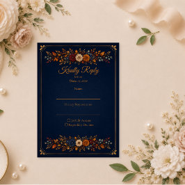 Cartão RSVP Casamento Rústico de Outono com Azul Marinho