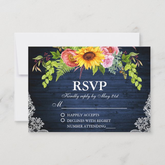 Cartão RSVP Casamento Rústico de Palácio de Madeira Floral Azu (Frente)