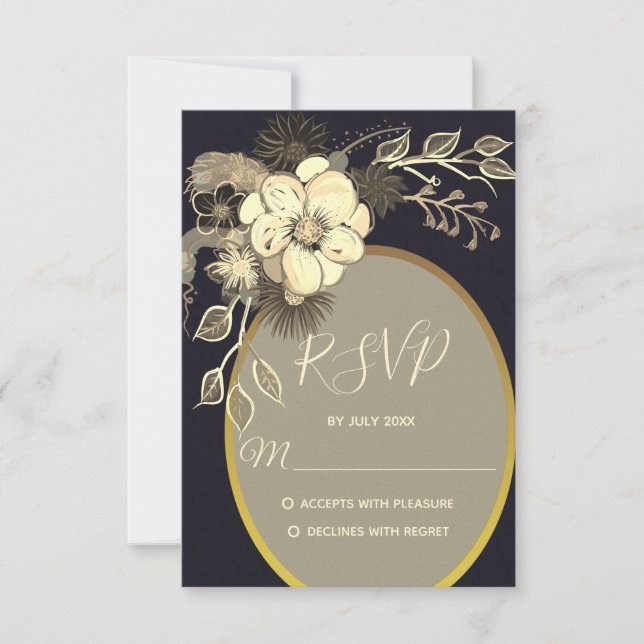 Cartão RSVP Casamento Rústico Dourado e Preto (Frente)