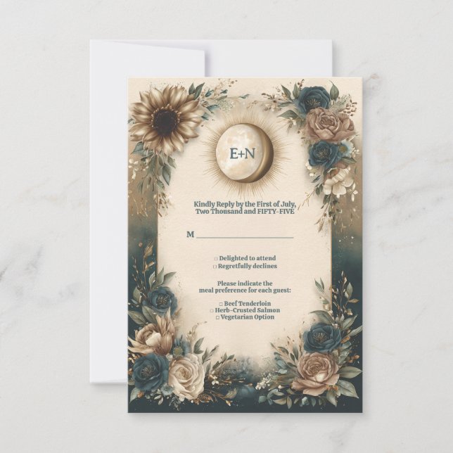 Cartão RSVP Casamento Rústico Floral Boho Sol Lua Celestial (Frente)