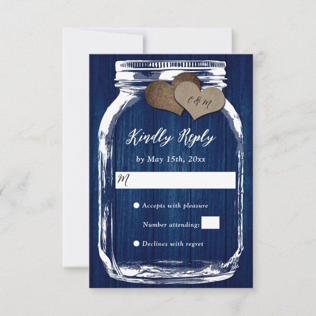 Cartão RSVP Casamento Rústico Marinho Azul Madeira Mason Jar H (Frente)