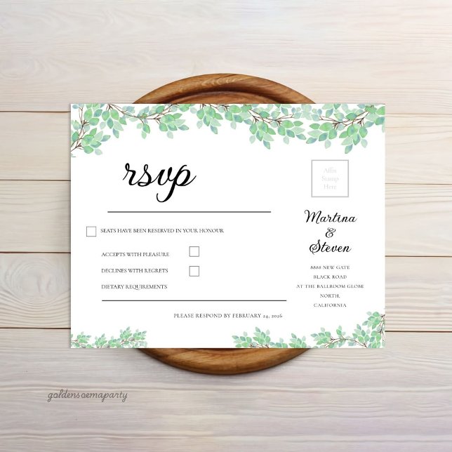 Cartão RSVP Casamento Rústico Moderno com Verde Eucalipto (Rustic Modern Eucalyptus Greenery Wedding RSVP Card)