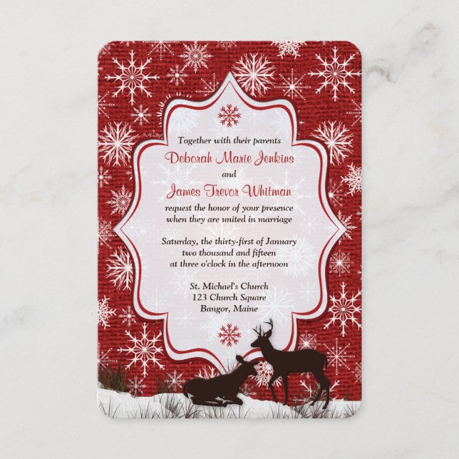 Cartão RSVP Casamento | Sacaria Vermelha Rústica | Flocos de N (Frente)