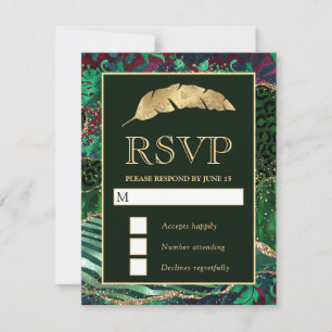 Cartão RSVP Casamento Safári Animal Verde e Dourado Brilho Ága