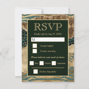 Cartão RSVP Casamento Safári Verde e Dourado com Brilho de Ága