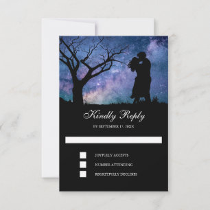 Cartão RSVP Casamento Silhueta de Casal Romântico Galáxia Azul