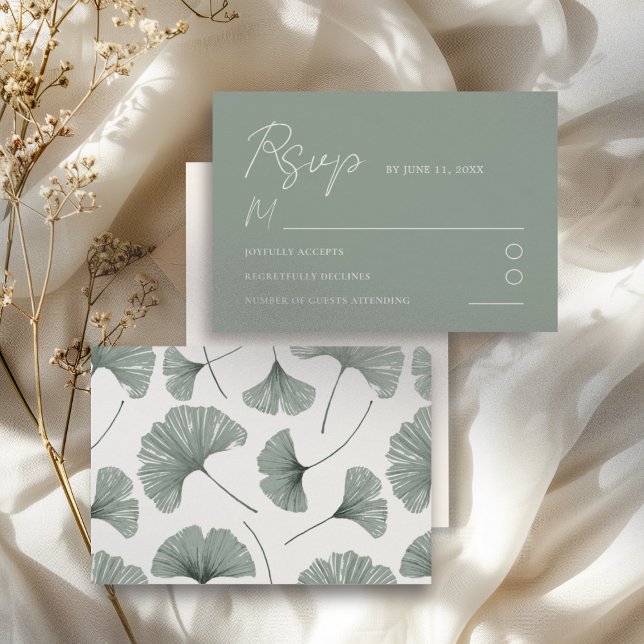 Cartão RSVP Casamento Simple Sage Green Ginkgo Leaf (Criador carregado)