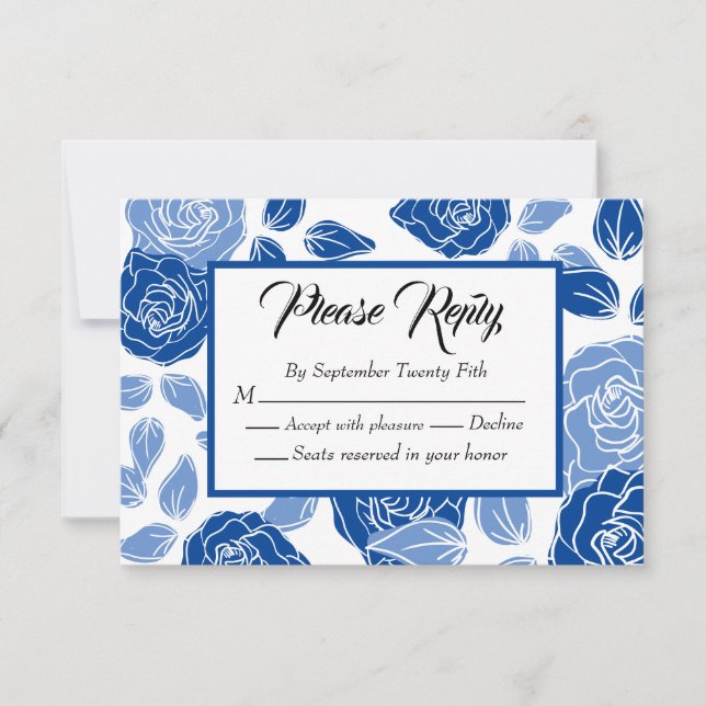 Cartão RSVP Casamento Simples Chic Rosa Floral Azul (Frente)