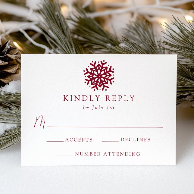 Cartão RSVP Casamento Simples com Floco de Neve em Borgonha (Criador carregado)