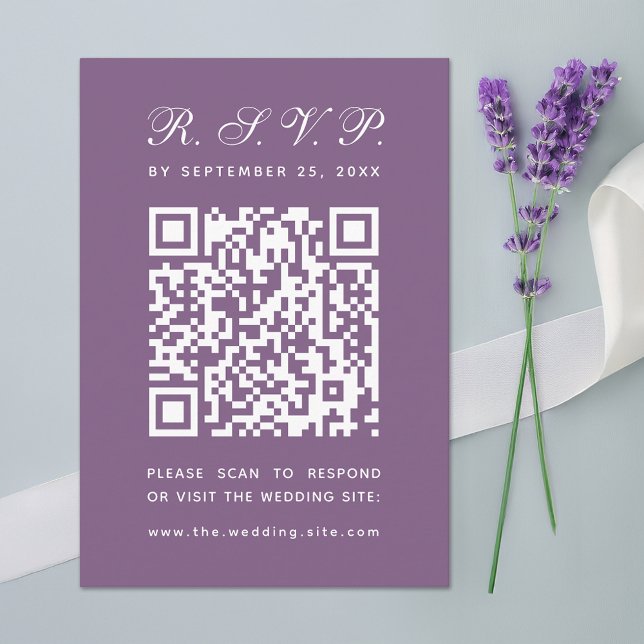 Cartão RSVP Casamento Simples com Script Dusty Purple Big Code (Criador carregado)