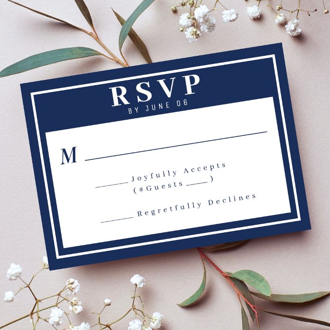Cartão RSVP Casamento Simples de Borda Azul-Branca (Simple Nautical Blue White Border Wedding RSVP Card
)