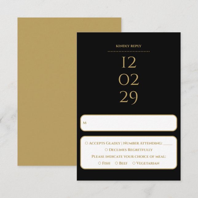 Cartão RSVP Casamento Simples de Data Especial Preto e Dourado (Frente/Verso)