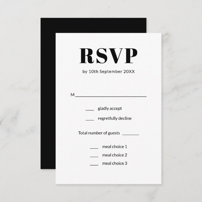 Cartão RSVP Casamento Simples de Escolha de Refeições Pretas e (Frente/Verso)