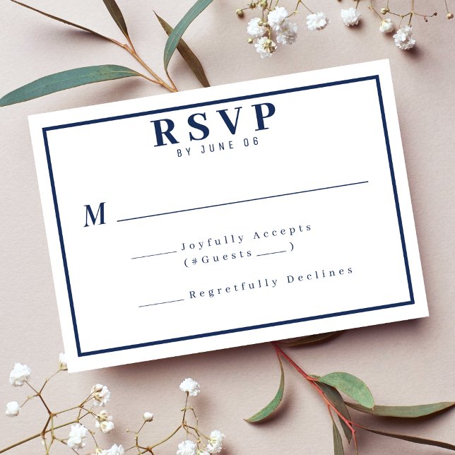 Cartão RSVP Casamento simples de fronteira azul e branca (Simple Nautical Blue & White Border Wedding RSVP Card
)