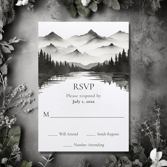 Cartão RSVP Casamento Simples de Lago Black and White Mountain (Front - Simple Black and White Mountain Lake Wedding RSVP Card)