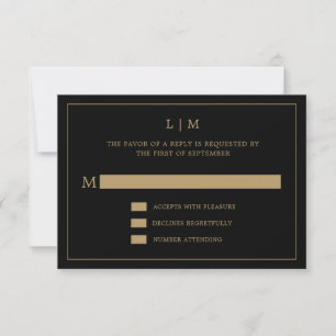 Cartão RSVP Casamento Simples de Monograma Preto e Dourado