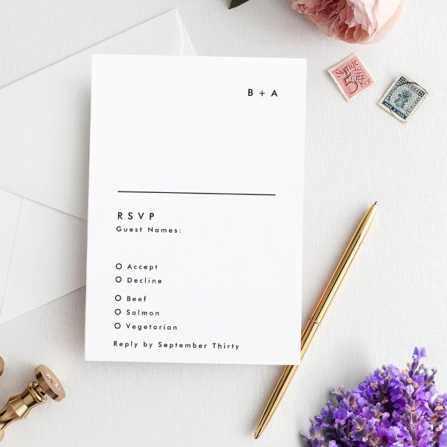 Cartão RSVP Casamento Simples de Negra e Monograma Branco (Criador carregado)