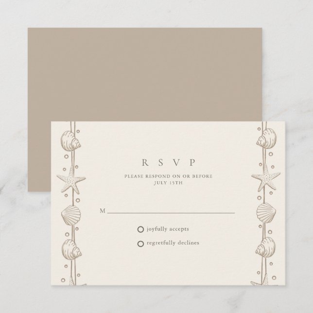 Cartão RSVP Casamento Simples de Praia com Borda de Conchas (Frente/Verso)