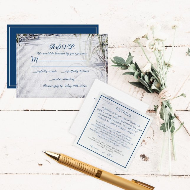 Cartão RSVP Casamento Simples de Praia da Areia Branca (RSVP and detail cards for a Sandy beach wedding)