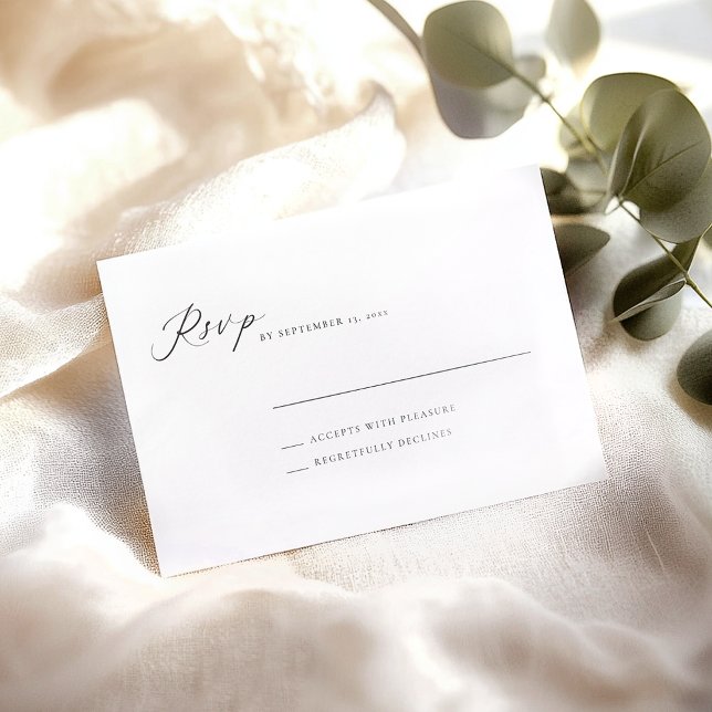 Cartão RSVP Casamento Simples de Script Branco Preto Elegante (Criador carregado)