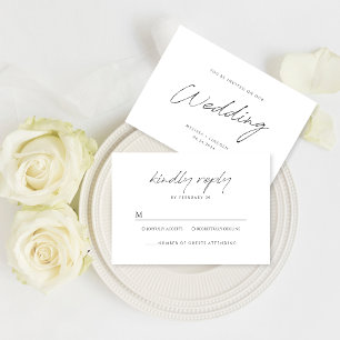 Cartão RSVP Casamento Simples de Script Minimalista Preto e Br