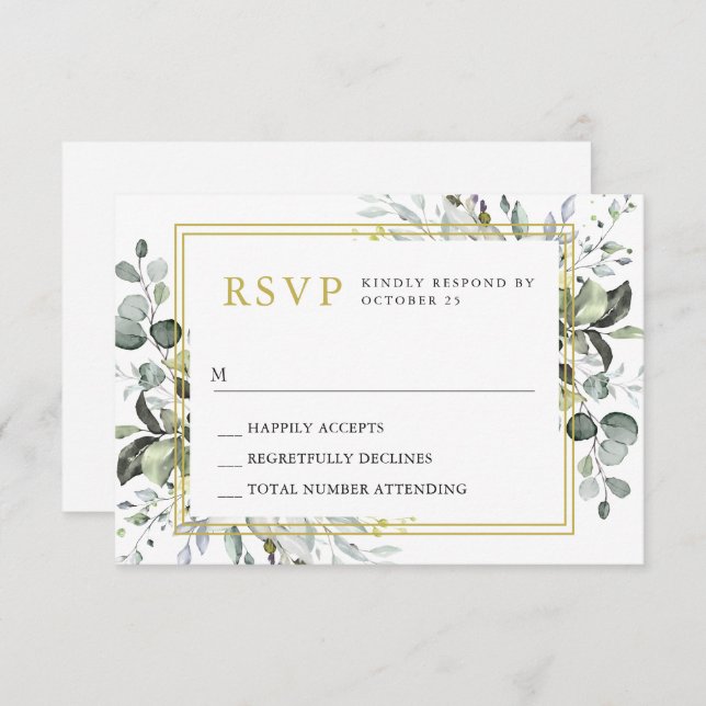 Cartão RSVP Casamento Simples Elegante De Aquarela Eucalyptus (Frente/Verso)