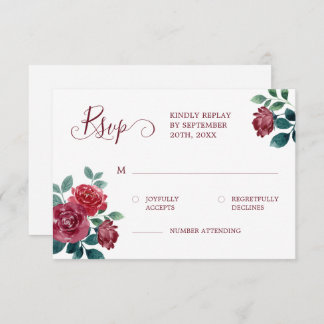 Cartão RSVP Casamento Simples Elegante Floral Watercolor Burgu