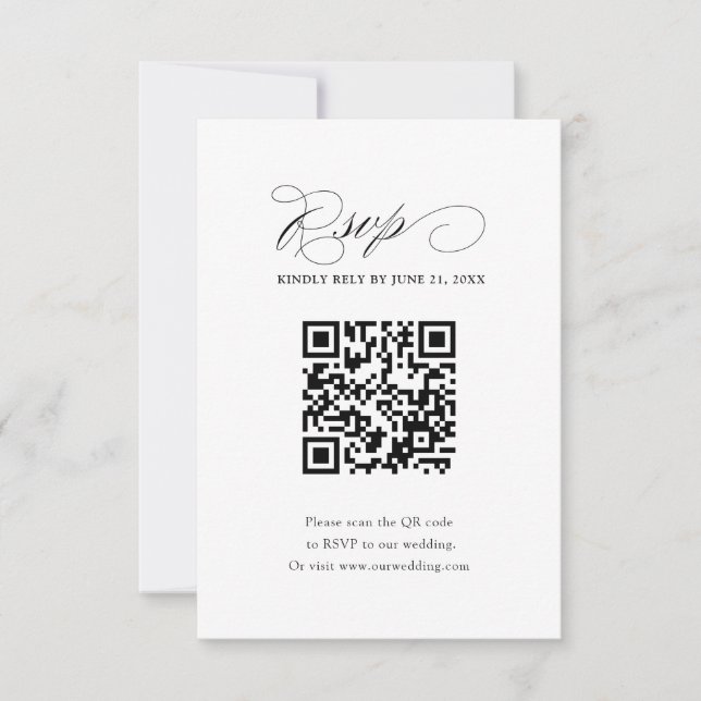 Cartão RSVP Casamento Simples em Preto e Branco com QR Code (Frente)