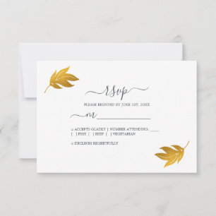 Cartão RSVP Casamento Simples Folha Dourada com Script Chic