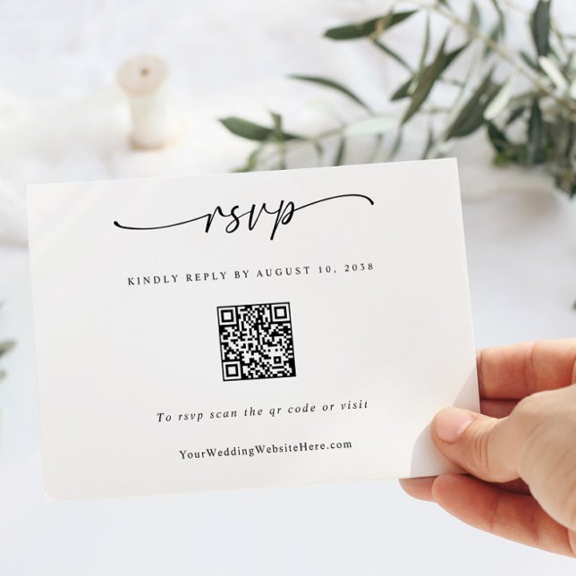 Cartão RSVP Casamento Simples Moderno Código QR Coração (Simple Modern Wedding RSVP Card with QR Code and Fun Handwriting and Hand Drawn Heart on the Back)